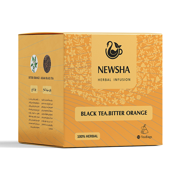 Orange box of Newsha Herbal Infusion Black Tea with Bitter Orange, featuring floral patterns.