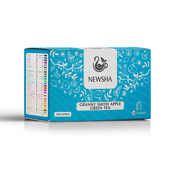 Blue box of Newsha Granny Smith Apple Green Tea featuring 20 tea bags.