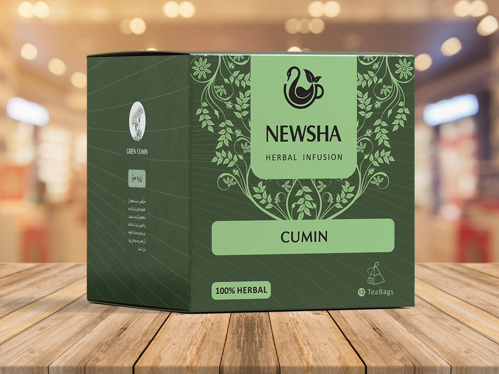 Green box labeled "Newsha Herbal Infusion: Cumin," adorned with floral designs. Text indicates "100% Herbal" and "8 Teabags." 