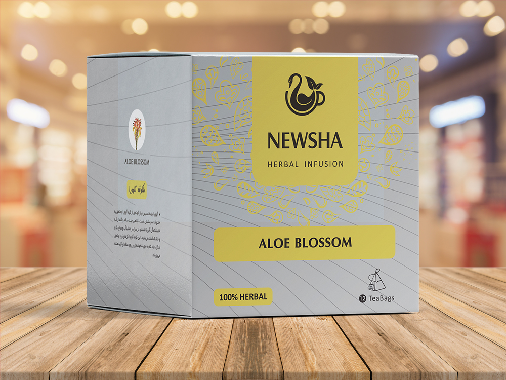 Box of Newsha Aloe Blossom herbal infusion tea. The packaging is silver with yellow accents.