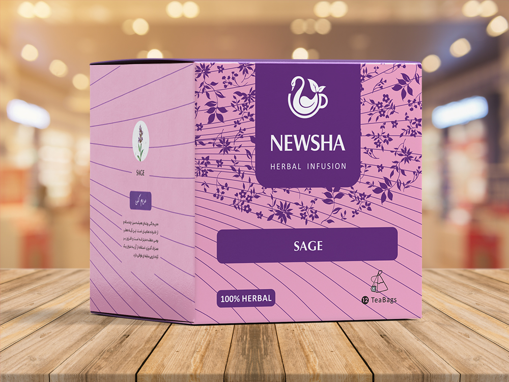 Purple and pink box of Newsha Sage Herbal Infusion with floral design. Includes "100% Herbal" and "Tea Bags" icons.