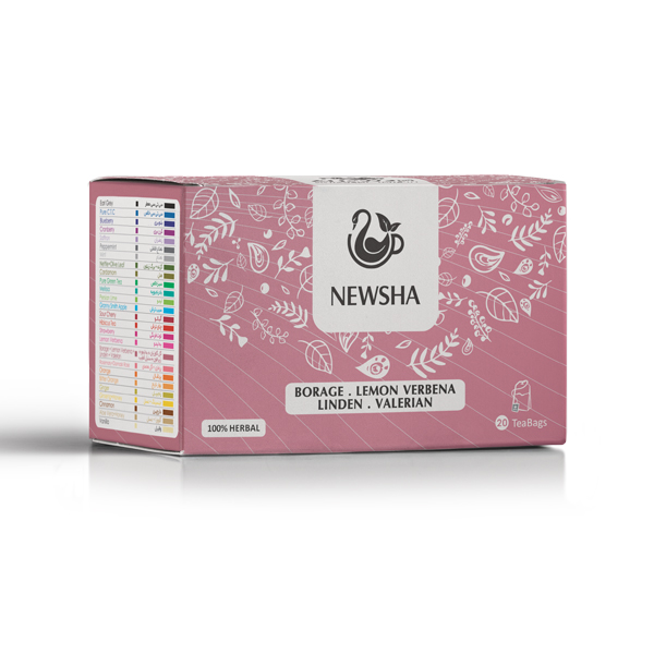 Pink herbal tea box with white floral designs and "NEWSHA" logo. Contains borage, lemon verbena, linden, and valerian. Holds 20 tea bags.