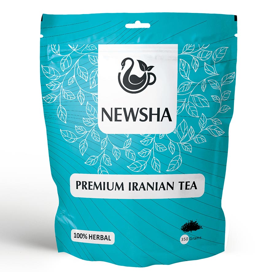 A blue resealable package labeled "NEWSHA Premium Iranian Tea" with leaf illustrations, containing 350 grams of 100% herbal tea.