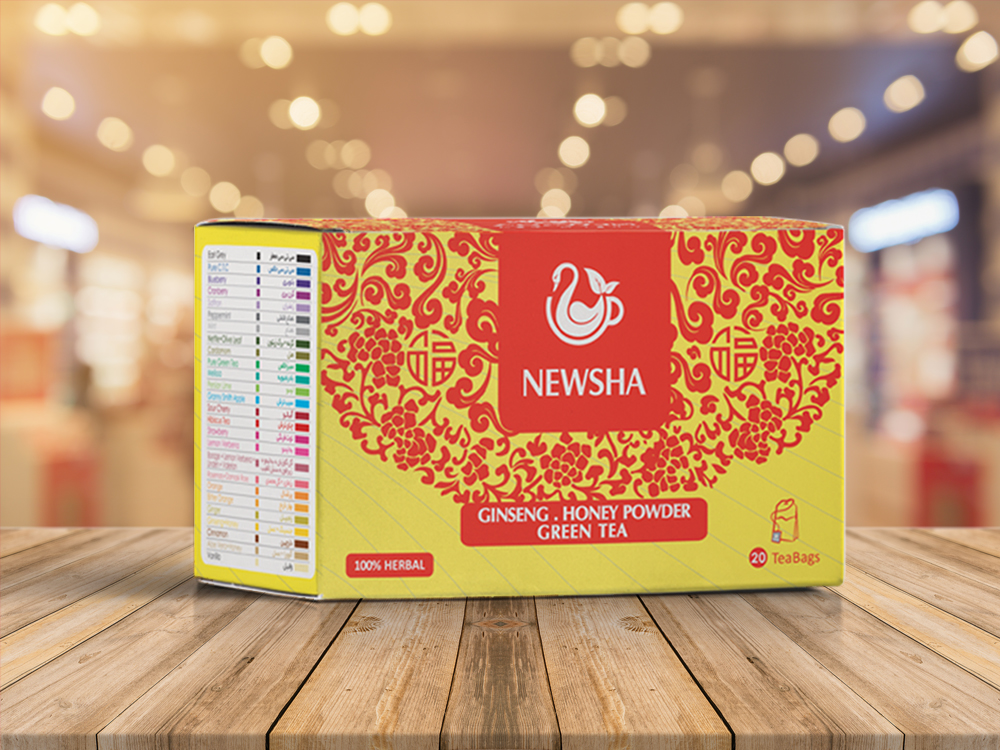A box of NEWSHA GINSENG Honey Powder Green Tea featuring a design, containing 20 herbal tea bags.
