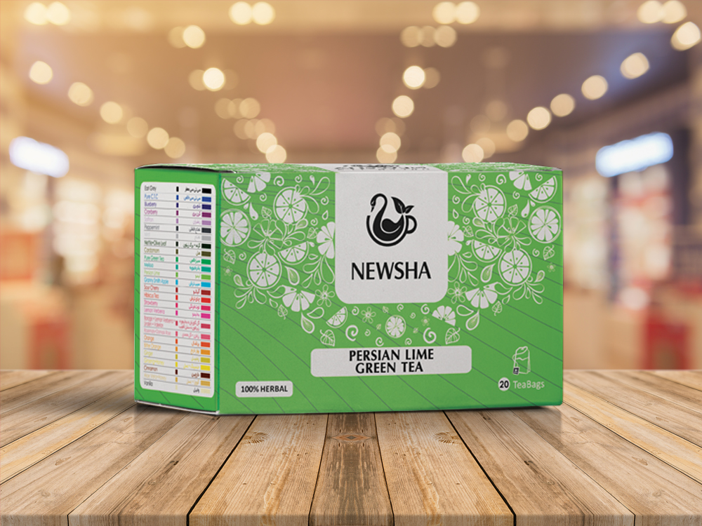 Green box of Persian Lime Green Tea by Newsha. Features floral lime design and text indicating 20 herbal tea bags.