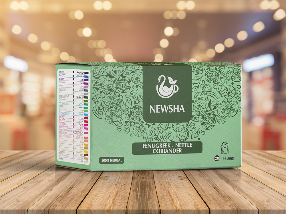 A green box featuring the label " NEWSHA FENUGREEK . NETTLE CORIANDER 100% HERBAL TeaBags," with various designs and text printed on it.