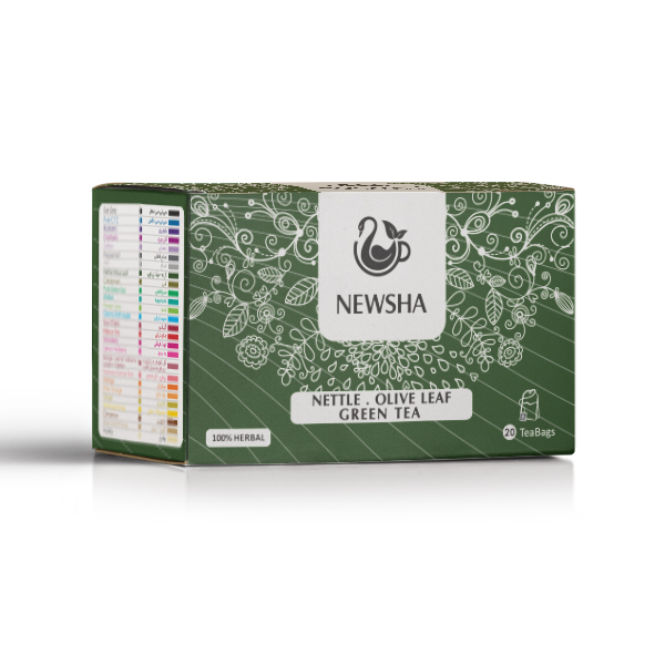 Green box labeled "NEWSHA" with intricate white floral designs. Contains nettle and olive leaf, 20 tea bags, 100% herbal.