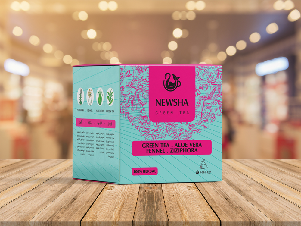 Turquoise and pink box of Newsha herbal tea featuring green tea, aloe vera, fennel, and ziziphora. Decorative floral design adds elegance.