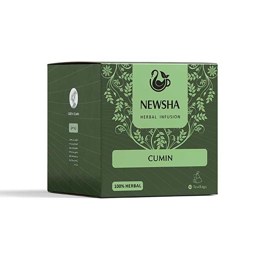 Green box labeled "Newsha Herbal Infusion: Cumin," adorned with floral designs. Text indicates "100% Herbal" and "8 Teabags." 