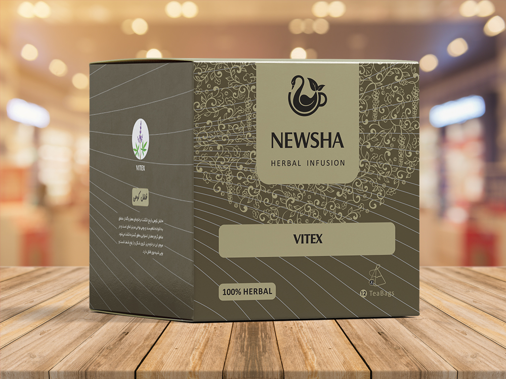 Brown box of Newsha Vitex herbal infusion with intricate patterns and the label "100% Herbal." 
