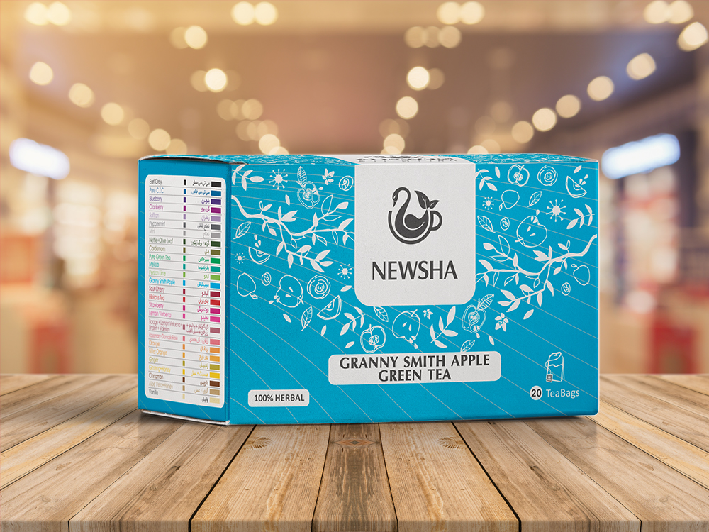 Blue box of Newsha Granny Smith Apple Green Tea featuring 20 tea bags.