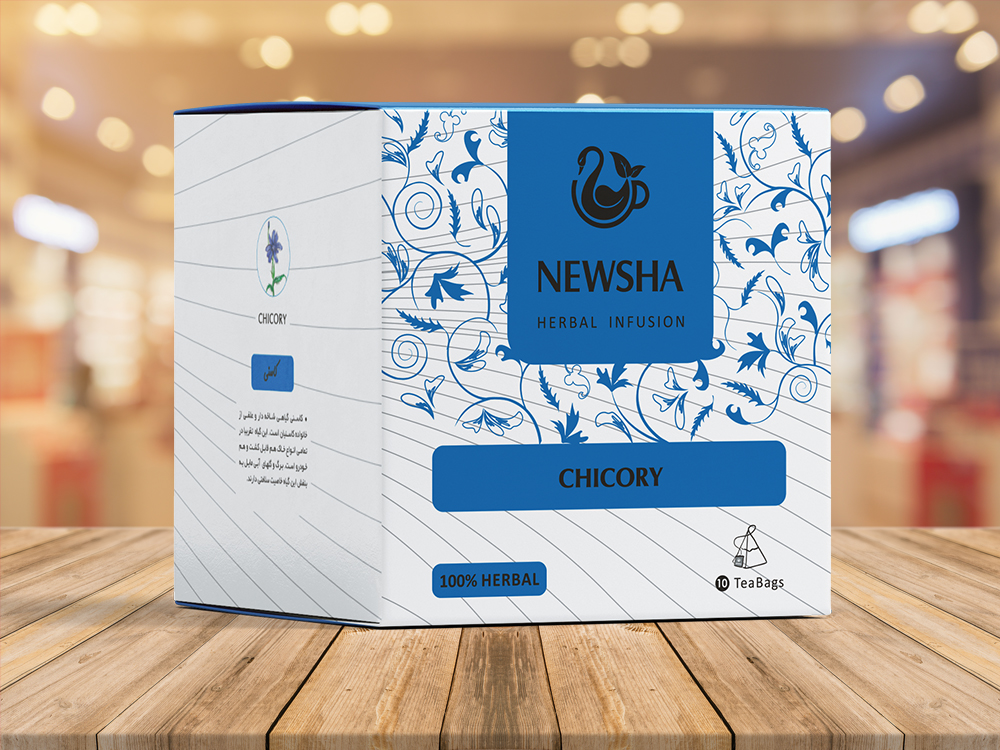 White and blue Newsha chicory herbal tea box. Elegant floral patterns overlay the front. Label reads "100% herbal."