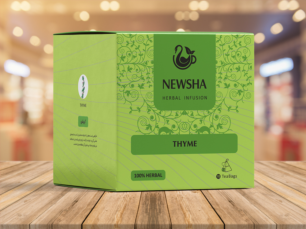 Green box of Newsha thyme herbal tea with elegant swirl patterns. The text "Thyme" and "100% Herbal" is displayed. 