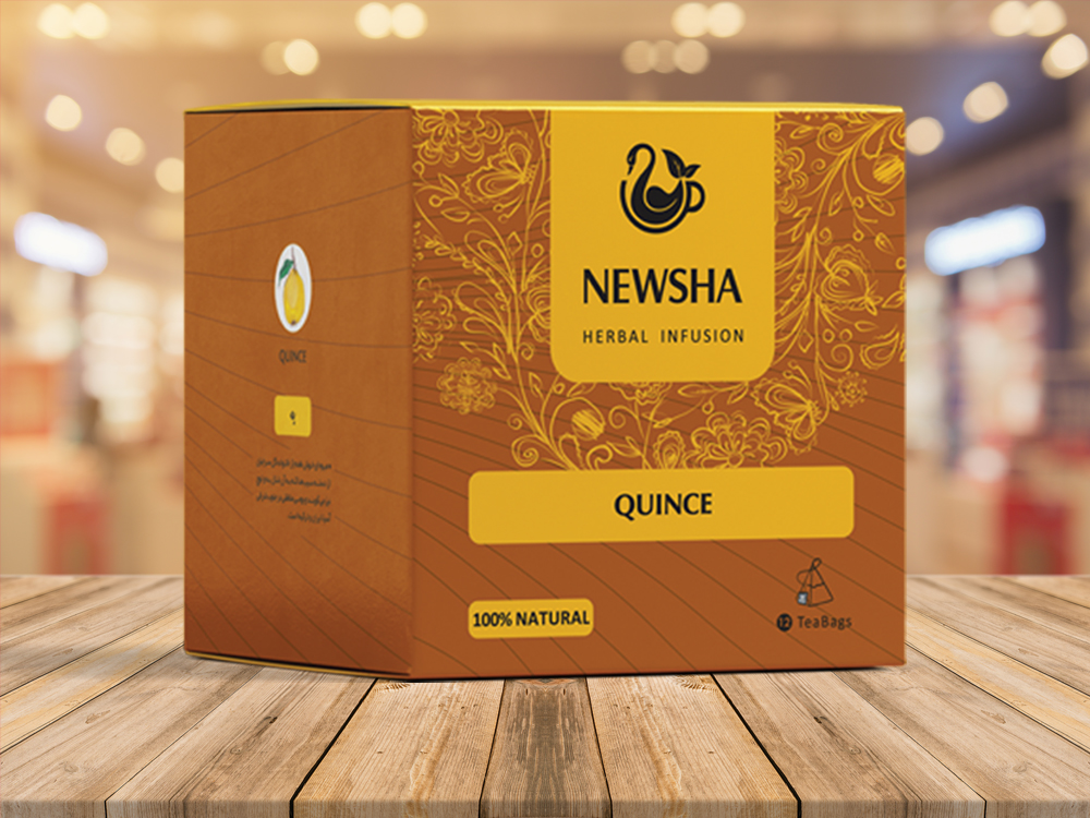 Brown and yellow NEWSHA box of quince herbal infusion. Decorative floral patterns are featured.