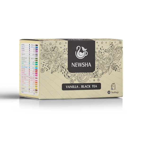 Box of Newsha Vanilla Black Tea.Front label reads "Vanilla . Black Tea" with 20 tea bags inside.