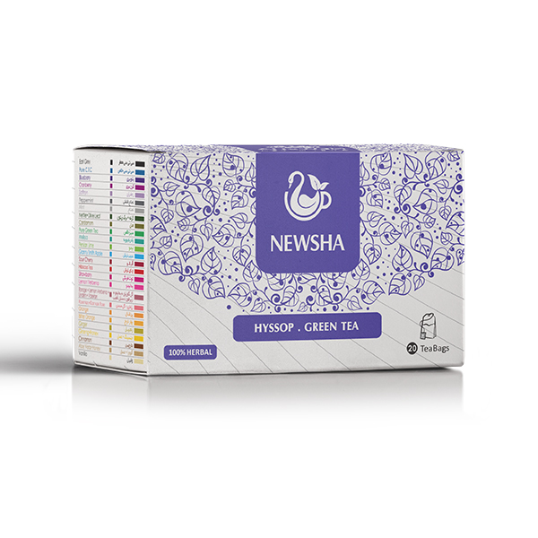 Packaging for Newsha Hyssop Green Tea with 20 bags. The box features elegant purple leaf patterns and herbal labels