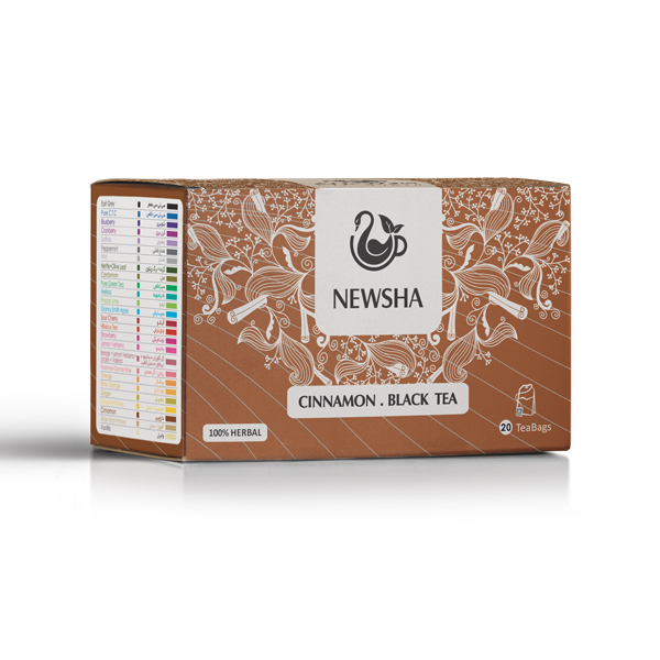 Box of Newsha Cinnamon Black Tea with floral and cinnamon design on a brown background. Labeled "100% Herbal," contains 20 tea bags.