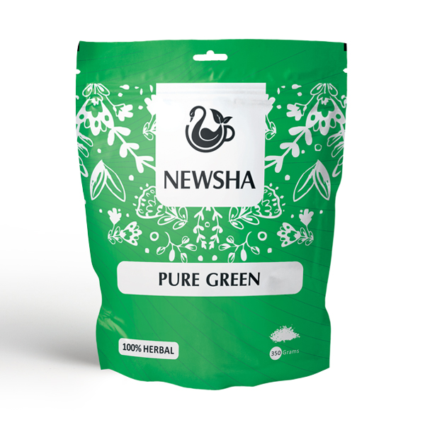 Green packaging labeled "NEWSHA Pure Green." Features floral designs, a teacup logo, and text stating "100% Herbal" and "350 Grams." Bright, natural tone.