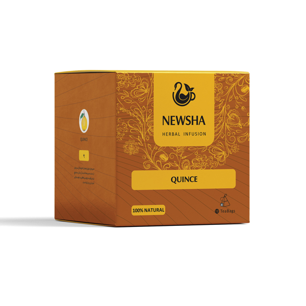 Brown and yellow NEWSHA box of quince herbal infusion. Decorative floral patterns are featured.