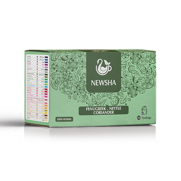 A green box featuring the label " NEWSHA FENUGREEK . NETTLE CORIANDER 100% HERBAL TeaBags," with various designs and text printed on it.