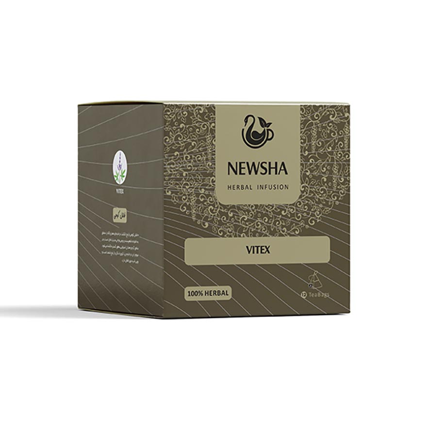 Brown box of Newsha Vitex herbal infusion with intricate patterns and the label "100% Herbal." 