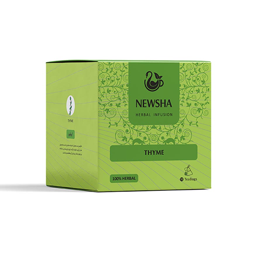 Green box of Newsha thyme herbal tea with elegant swirl patterns. The text "Thyme" and "100% Herbal" is displayed. 